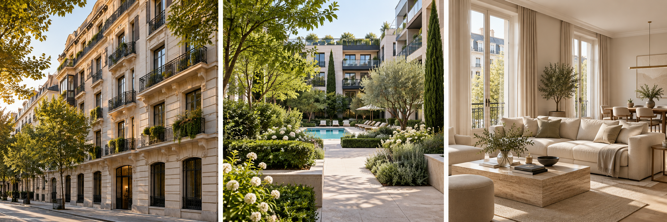 Edificio residencial, patio ajardinado e interior luminoso
